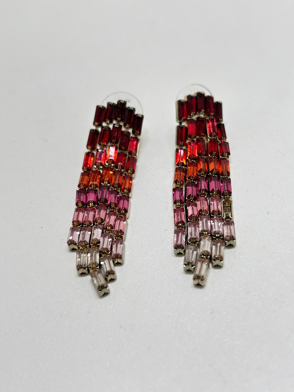 Vintage Silver And Red Ombré Crystal Waterfall Earrings, Studs
